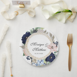Assiettes En Carton Marina Nautique Fleur Marine Blush Mariage rose