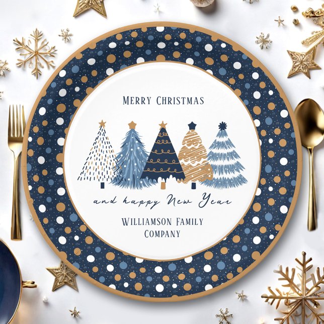 Assiettes En Carton Marine Arbres Bleus Points Fêtes de Noël modernes (Navy Blue Trees Dots Modern Christmas Holiday Paper Plates)