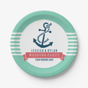 Assiettes En Carton Marine Bleu Ancre de bateau nautique Blancs