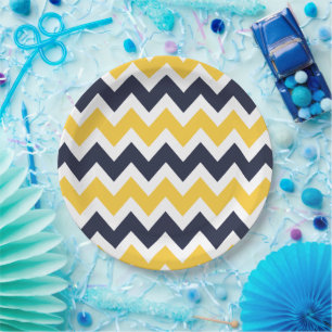 Assiettes En Carton Marine bleu et jaune Chevron