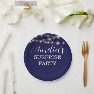 Assiettes En Carton Marine Bleu et String Lumière Surprise Anniversair