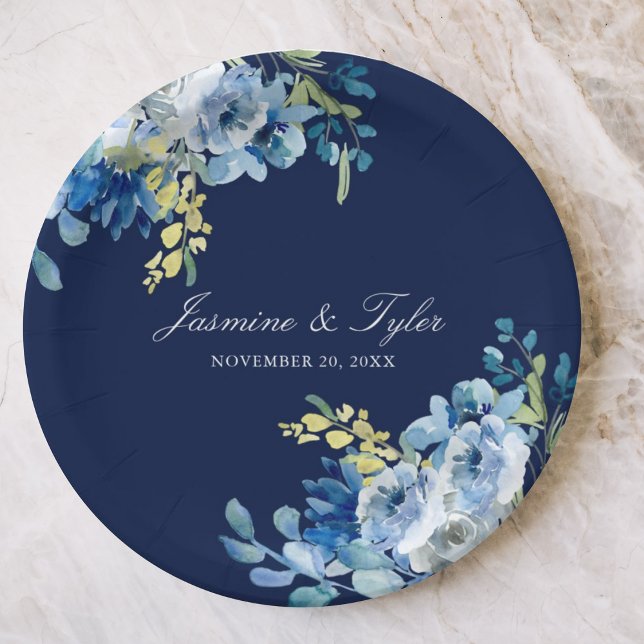 Assiettes En Carton Marine Bleu Floral Élégant Mariage du soir (Créateur téléchargé)