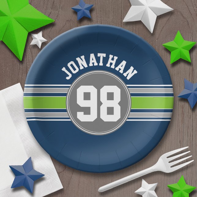 Assiettes En Carton Marine bleu Green Sports Jersey Grandes Nom Numéro (Personalized party plates - sports theme for birthday or any occasion)