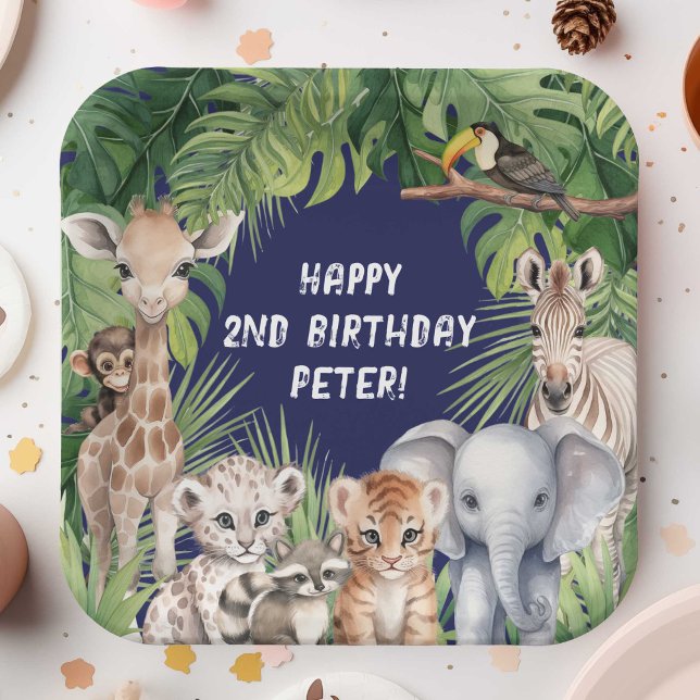 Assiettes En Carton Marine bleu Jungle Animal thème Safari 2e annivers (Navy Blue Two Wild Boy 2nd Birthday party paper plates, Safari Themed Jungle animals birthday plate.)
