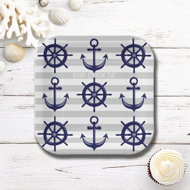 Assiettes En Carton Marine Blue Ancre Bateau Roue gris rayé Nautique (Créateur téléchargé)