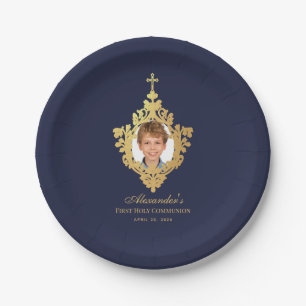 Assiettes En Carton Marine Blue First Holy Communion Boy Photo Faux Go