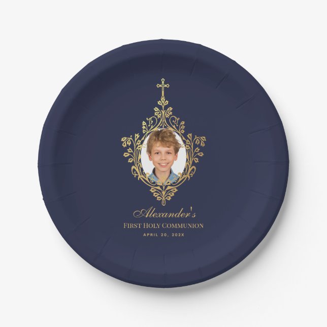 Assiettes En Carton Marine Blue First Holy Communion Boy Photo Faux Go (Devant)