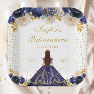 Assiettes En Carton Marine Blue Floral Princess Quinceañera