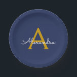 Assiettes En Carton Marine Blue Gold Girl Script Monogramme Nom Modern<br><div class="desc">Monogramme bleu or et marine Ajoutez votre propre nom Plaques de partie de script. Cela rend le cadeau parfait pour 16 ans,  mariage,  douche nuptiale,  anniversaire,  baby shower ou bachelorette pour quelqu'un qui aime le luxe glam et les styles chic.</div>