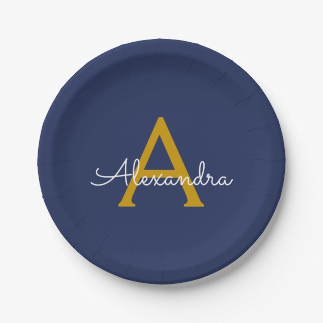Assiettes En Carton Marine Blue Gold Girl Script Monogramme Nom Modern (Devant)
