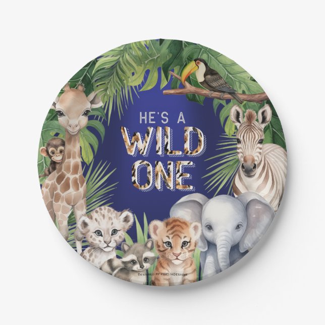 Assiettes En Carton Marine BLue Jungle Animaux Hes a Wild One snacks (Devant)