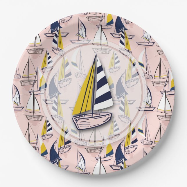 Assiettes En Carton Marine Blue Sailboats Party (Devant)