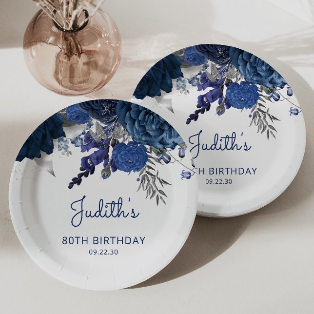 Assiettes En Carton Marine Blue Silver Floral 80e fête d'anniversaire (Créateur téléchargé)