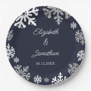 Assiettes En Carton Marine Blue Snowflakes Mariage d'hiver
