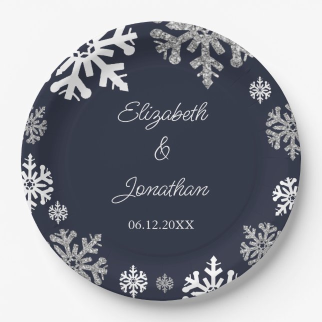 Assiettes En Carton Marine Blue Snowflakes Mariage d'hiver (Devant)