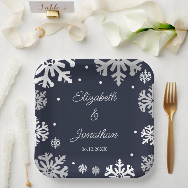 Assiettes En Carton Marine Blue Snowflakes Mariage d'hiver (Mariage)