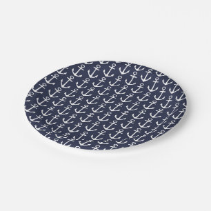 Assiettes En Carton Marine et Ancre nautique blanche