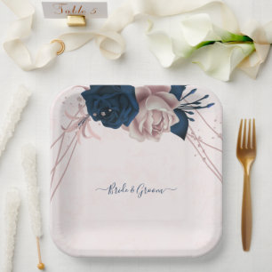 Assiettes En Carton marine & fleurs rose poudré rose