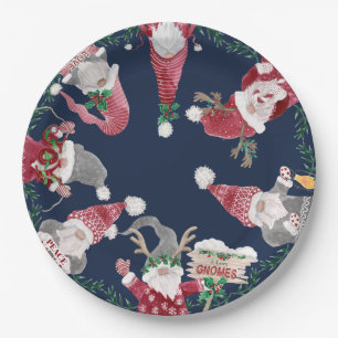 Assiettes En Carton Marine Gnomes Red Grey Aquarelle de Noël