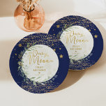 Assiettes En Carton Marine Gold Moon & Stars Baby shower de verdure<br><div class="desc">Plaque de papier à thème Moon & Stars avec l'élégante aquarelle verte et la lune rêvée et des éléments étoiles en bleu marine et or moody</div>