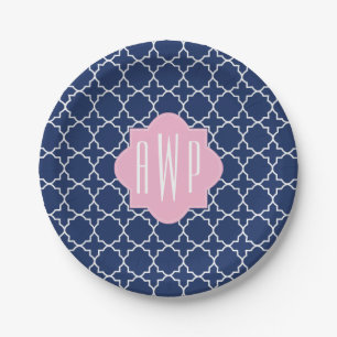 Assiettes En Carton Marine Quatrefoil + Monogramme rose