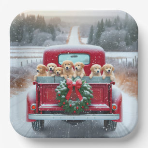 Assiettes En Carton Marionnettes Golden Retriever de Noël en camion