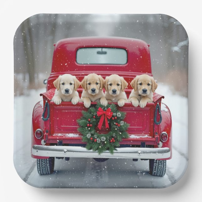 Assiettes En Carton Marionnettes Golden Retriever en Camion de Noël (Recto)