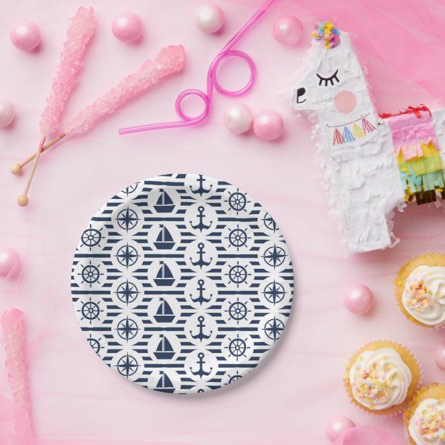 Assiettes En Carton Maritime En Motif Bleu (Fête)