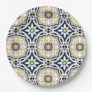 Assiettes En Carton Marocain bleu vif jaune complexe géométrique