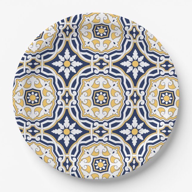 Assiettes En Carton Marocain bleu vif jaune complexe géométrique (Devant)