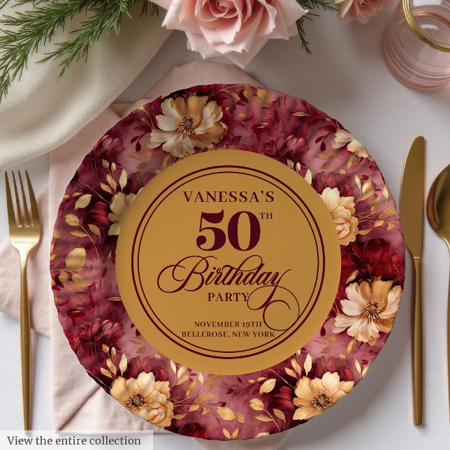 Assiettes En Carton Maroon blush or roses 50e anniversaire plaques de  (Maroon blush gold roses 50th birthday paper plates

)