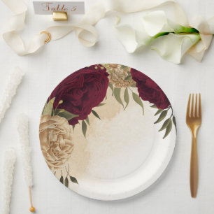 Assiettes En Carton Maroon vert beige or botanique mariage