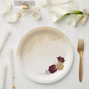 Assiettes En Carton Maroon vert beige or botanique mariage