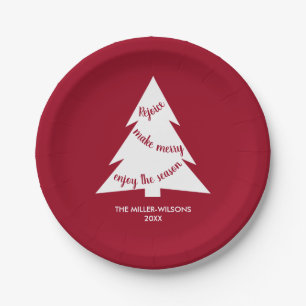 Assiettes En Carton Maroon White Christmas Tree Nom Fête