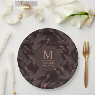 Assiettes En Carton Marron Chocolat & Or Rose Motif Vague Abstrait