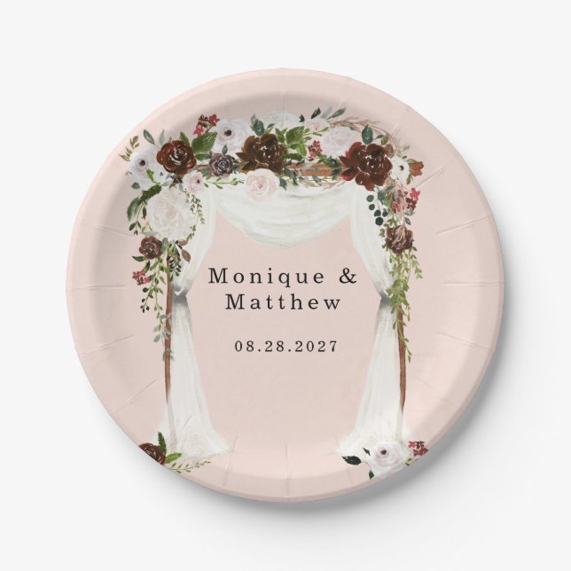 Assiettes En Carton Marsala Aquarelle rose Floral Mariage (Devant)
