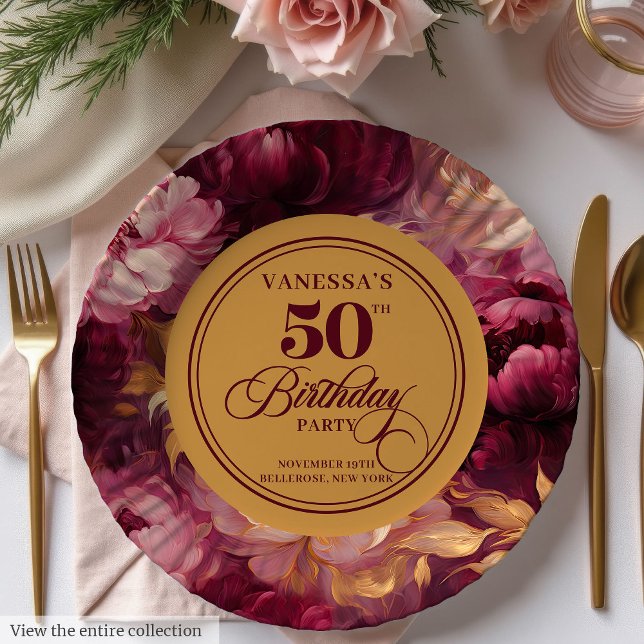 Assiettes En Carton Marsala blush or floral femme 50e anniversaire (Marsala blush gold floral woman 50th birthday Paper Plates)
