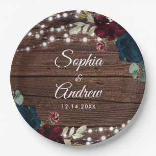 Assiettes En Carton Marsala & Marine Rustic Wood Mariage