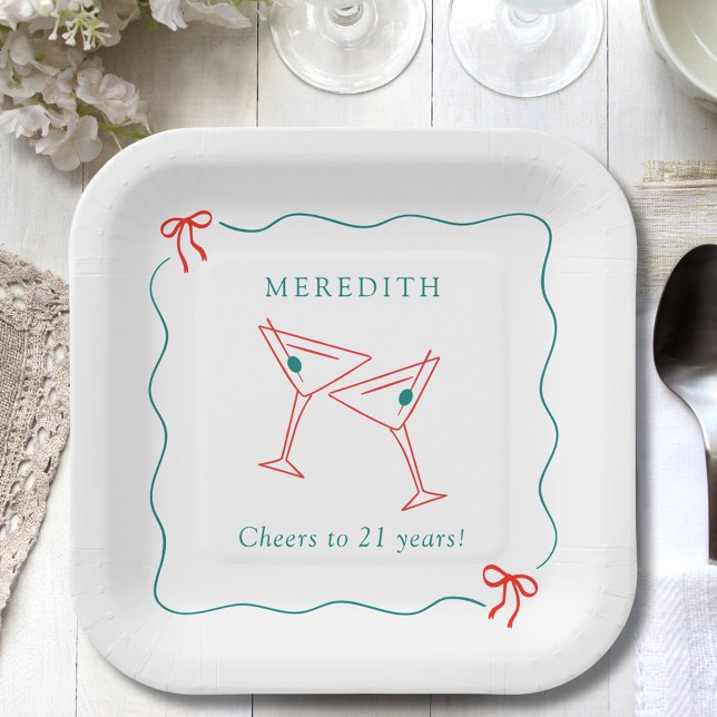 Assiettes En Carton Martini fête ses 21 ans (Martini Cheers to 21 Years Wavy Doodle Border with Bows Square Paper Plate)
