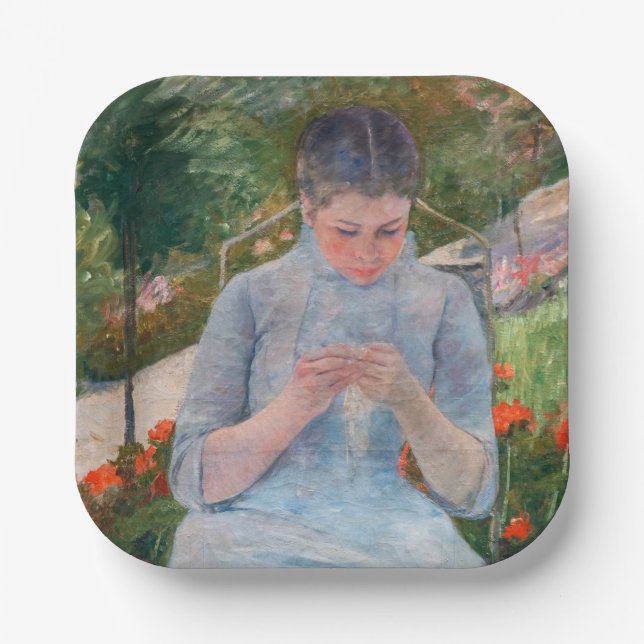 Assiettes En Carton Mary Cassatt - Fille couture dans un jardin (Recto)