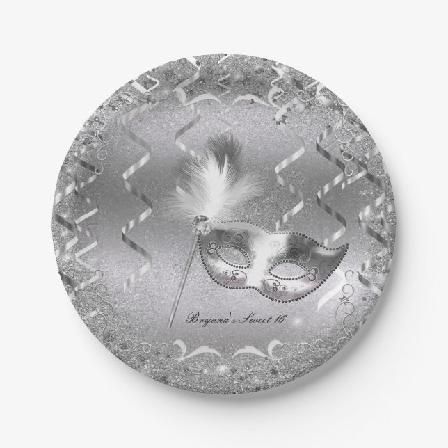 Assiettes En Carton Mascarade d'argent Mascarade Masque élégant bal fê (Devant)