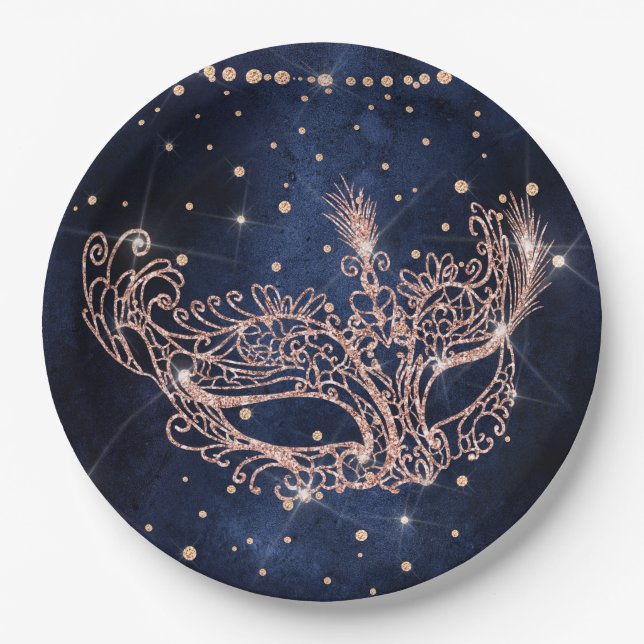 Assiettes En Carton Mascarade masque élégant rose or parties scintilla (Devant)