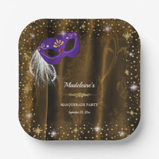 Assiettes En Carton Mascarade Royale Violet Bronze Or Damassé Étoiles