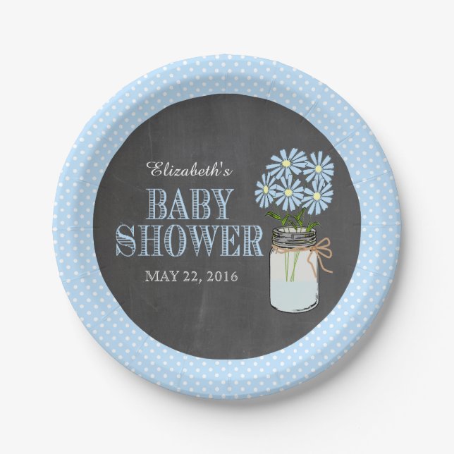 Assiettes En Carton Mason Jar Chalkboard Look Blue Dots Baby shower (Devant)