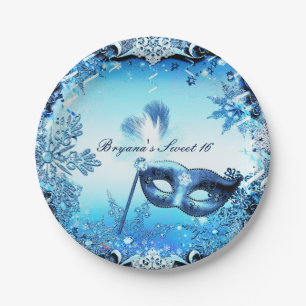 Assiettes En Carton Masque de bal masqué bleu hivernal et flocons de n