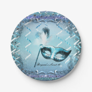 Assiettes En Carton Masque de Mascarade Aqua et Violet Élégant Bal Fêt