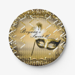 Assiettes En Carton Masque de mascarade doré Élégant bal Fête d'annive