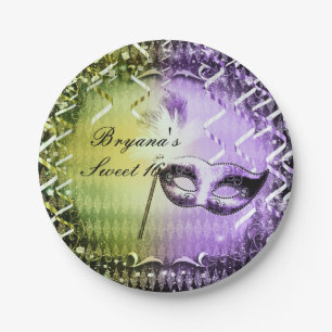 Assiettes En Carton Masque de mascarade vert et violet Fête de Mardi G