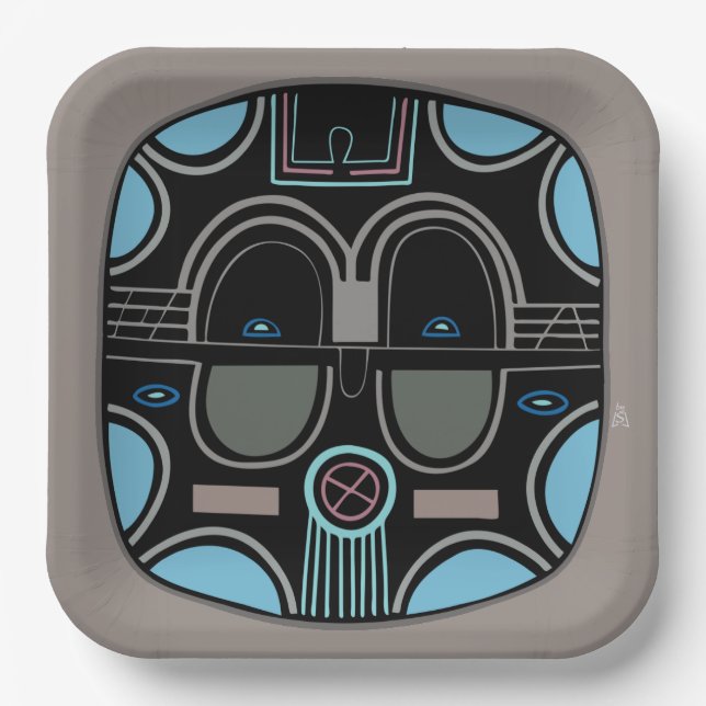 Assiettes En Carton Masque Tribal Africain moderne gris bleu et noir (Recto)