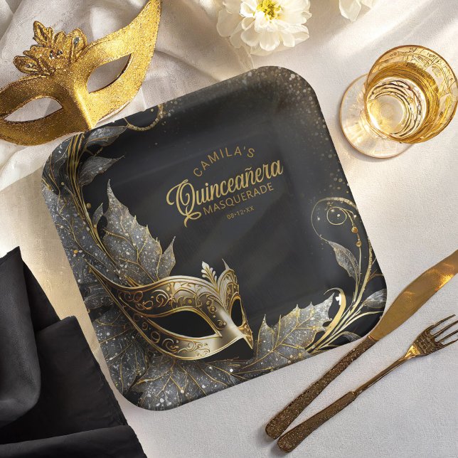 Assiettes En Carton Masquerade Quinceañera Bienvenue Black Gold ID1031 (Créateur téléchargé)